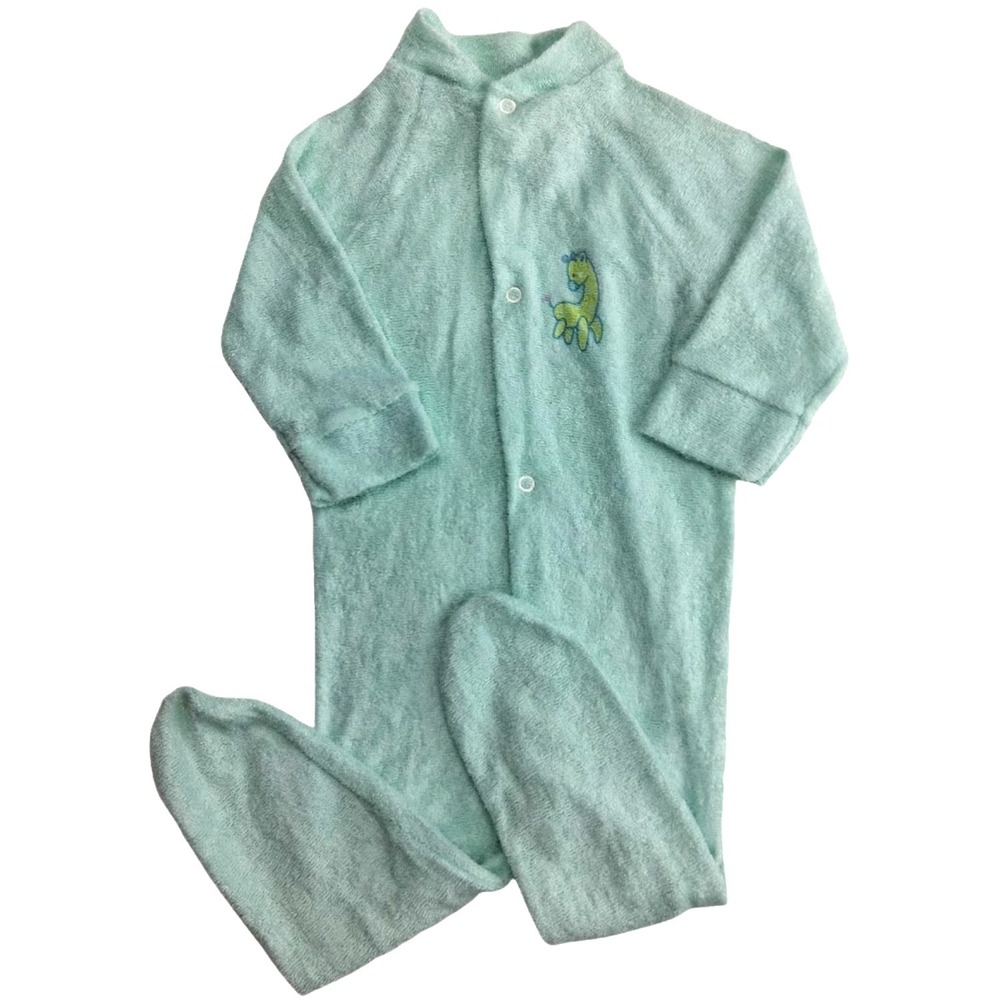 Vtg Curity Green Giraffe Baby Lg 16-19 Lbs Sleeper 1pc Outfit Terry Cloth Unisex
